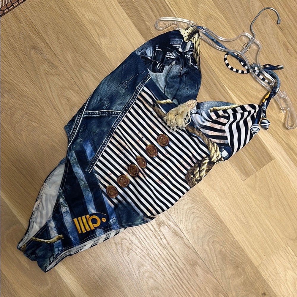 Striped and Denim Print One-Piece Swimsuit